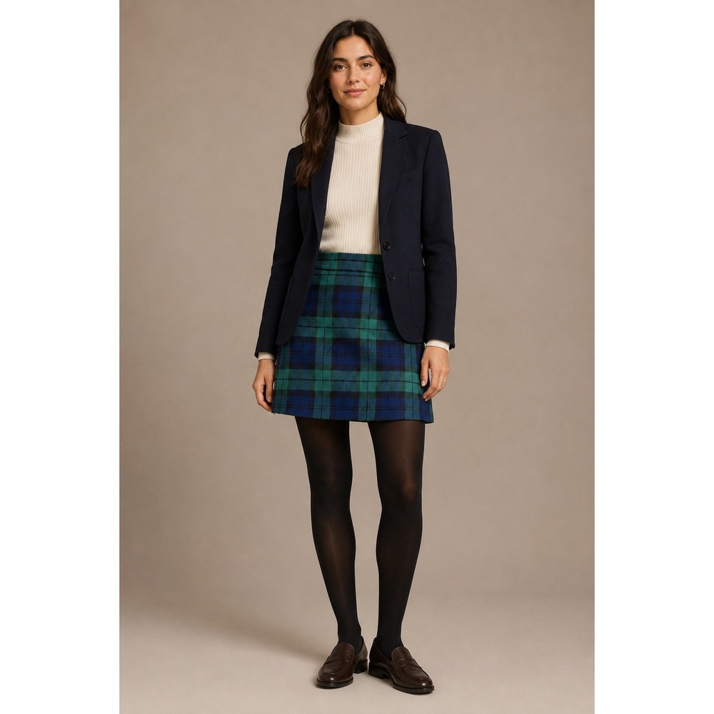 J.Crew Green Blue Plaid Wool Blend A-Line Mini Skirt Size 10